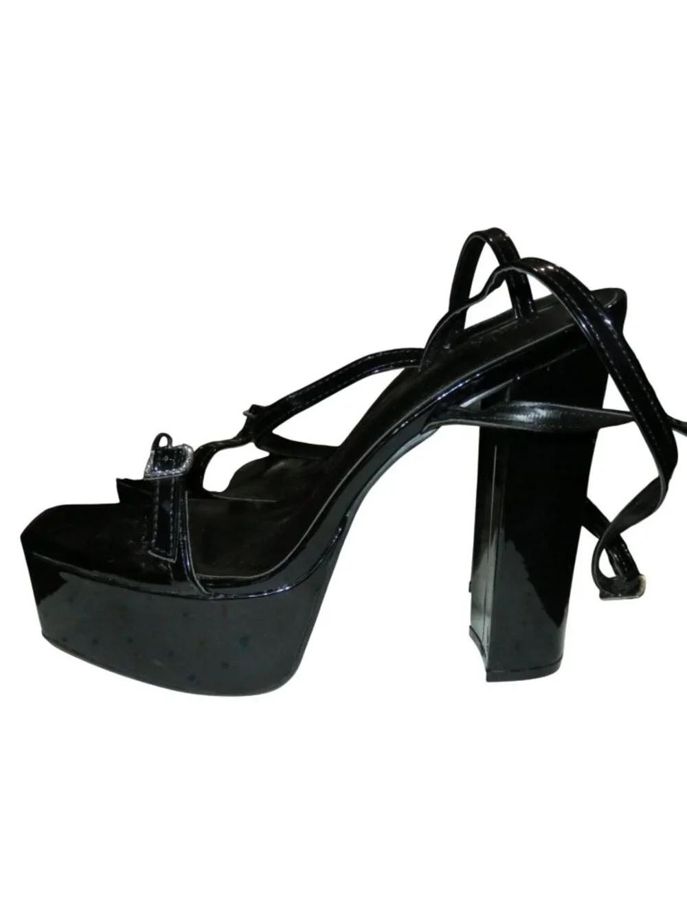 Vivianly Black Open Toe Ankle Strap Platform Vegan Patent Leather Chunky Heels